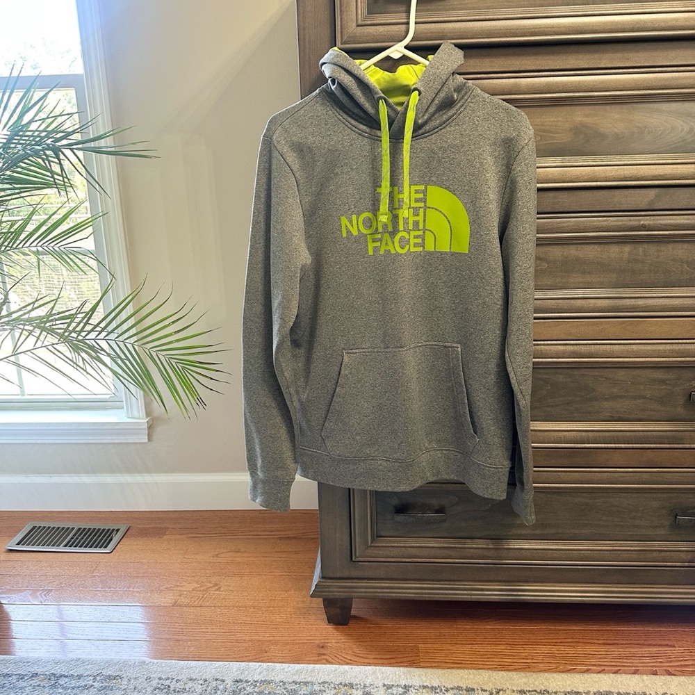 The North Face Gray Hoodie with Neon Lime Logo and Drawstrings